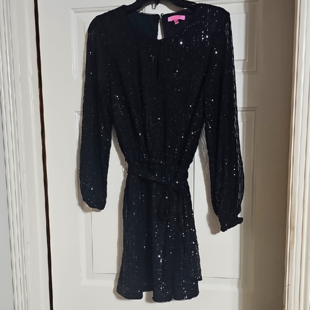 Black Sequin Long Sleeve Dress with Belt